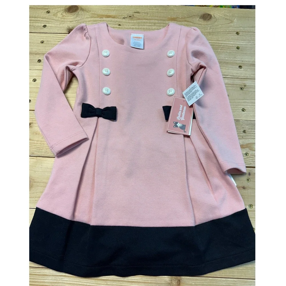 Girls Gymboree Pink Black Bow Button Dress 18-24 Months Long Sleeve‎ Twirl